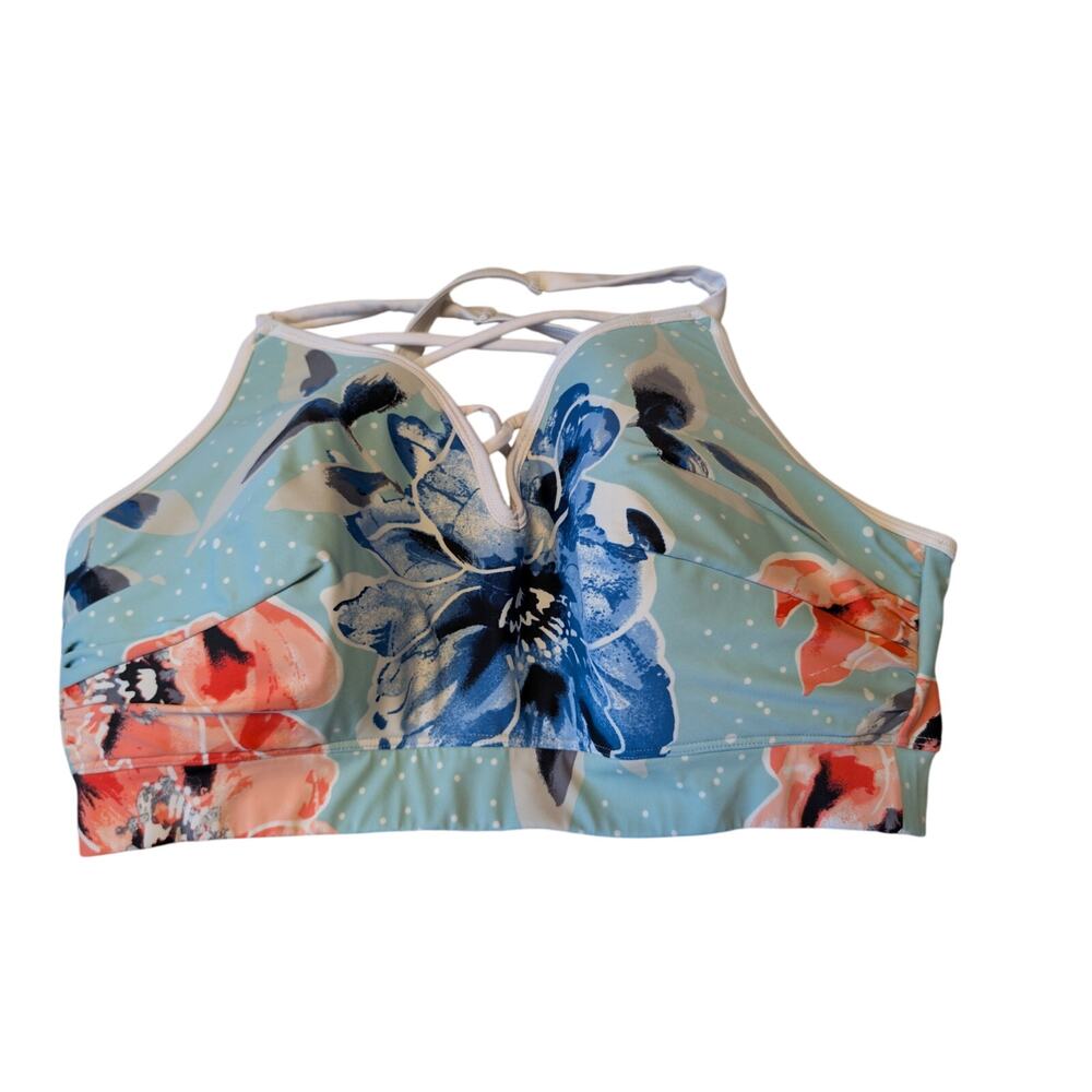 Cacique Women's Floral Polka Dot Strappy Bikini Swim Top Size 18 Mint Blue